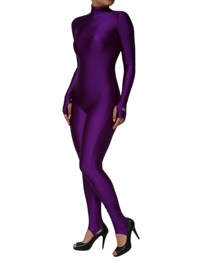 Purple Nylon Turtleneck Bodycon Jumpsuit Dress