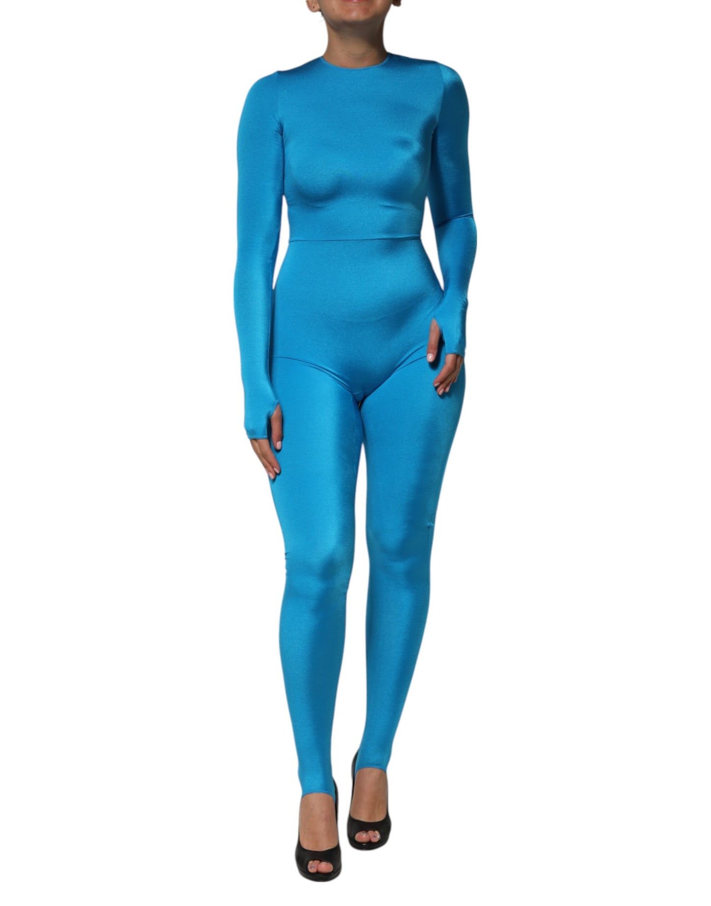 Blue Nylon Crew Neck Bodycon Jumpsuit Dress