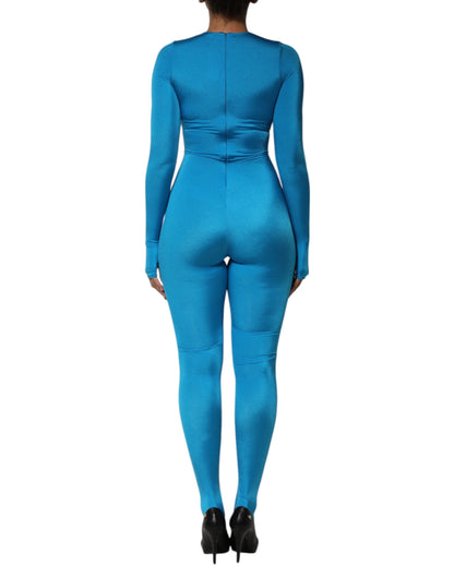 Blue Nylon Crew Neck Bodycon Jumpsuit Dress