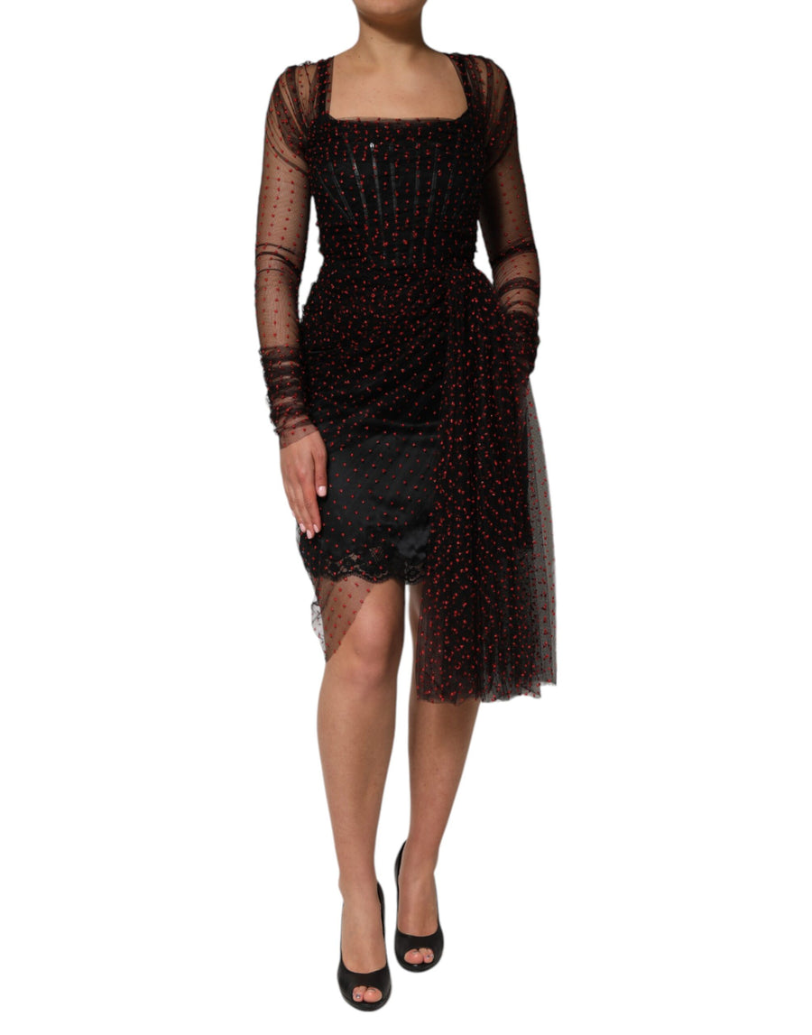Black Lace Trim Long Sleeve Sheath Mini Dress