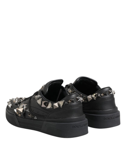 Black Leather Studded Low Top Sneakers Shoes