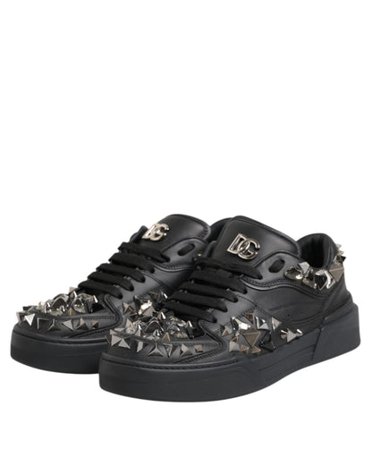 Black Leather Studded Low Top Sneakers Shoes