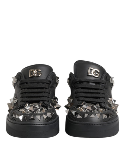 Black Leather Studded Low Top Sneakers Shoes