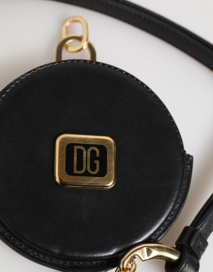 Black Round Leather DG Logo Coin Purse Lanyard Wallet