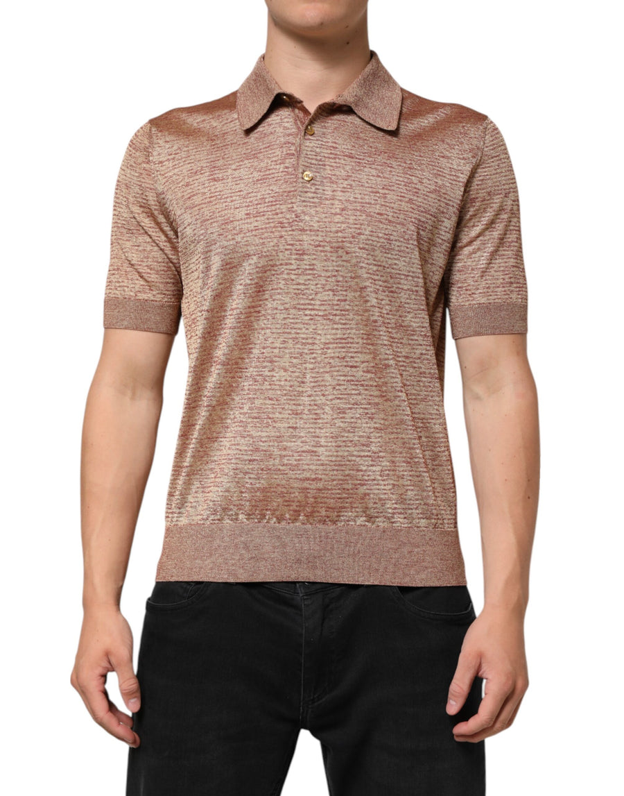 Brown Silk Textured Short Sleeve Polo T-shirt