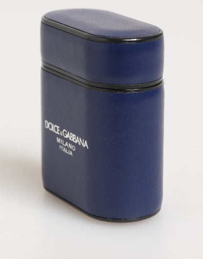 Blue Leather Logo Print Flip Holder Men Airpods Case