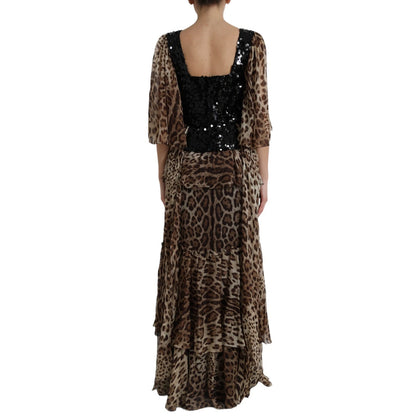 Leopard Print Silk Sequin Ruffle Maxi Dress