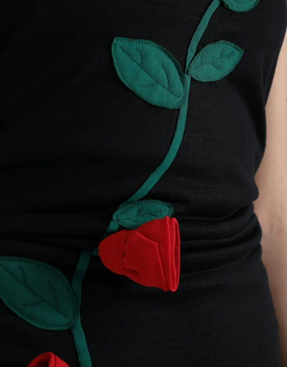 Black Wool Sleeveless Rose Applique Dress