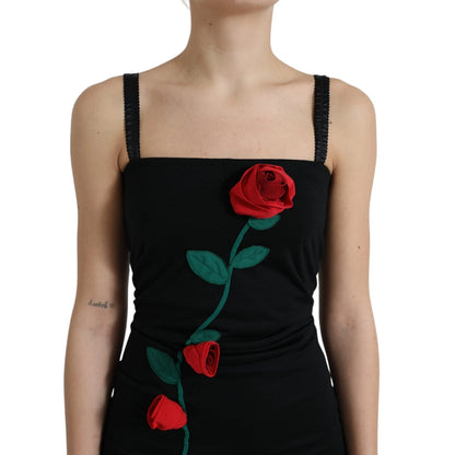 Black Wool Sleeveless Rose Applique Dress