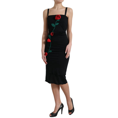 Black Wool Sleeveless Rose Applique Dress