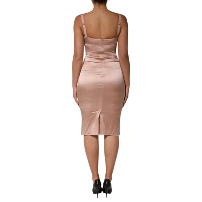 Blush Pink Silk Satin Bustier Midi Bodycon Dress