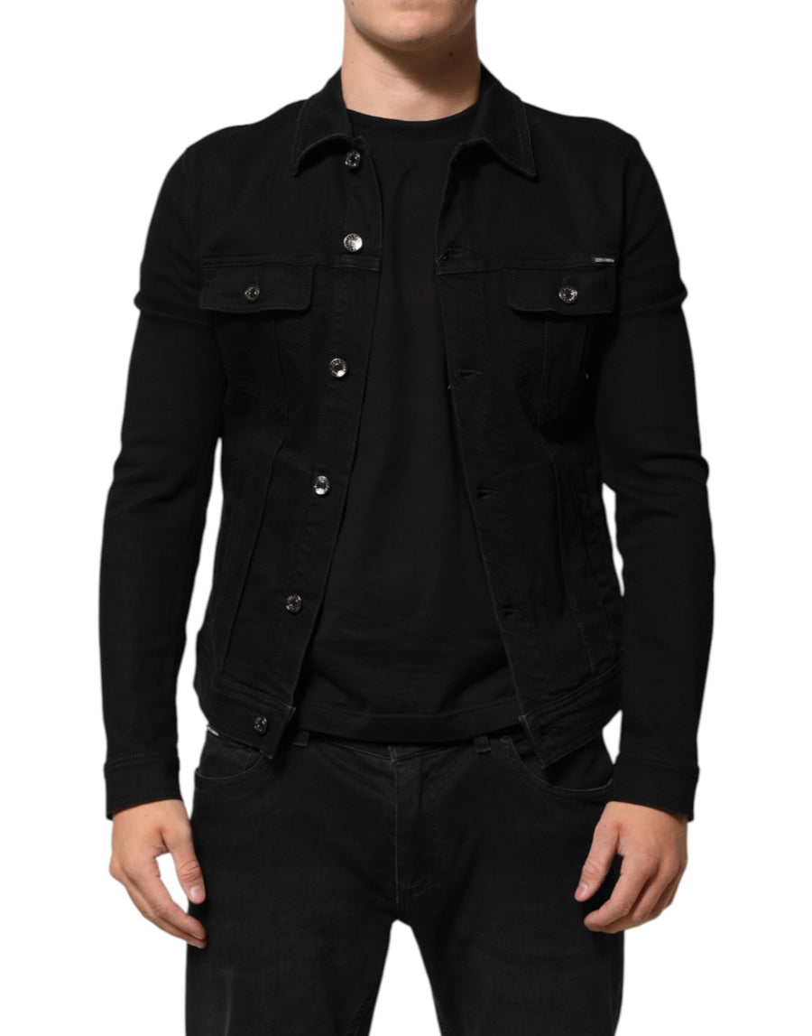Black Cotton Denim Stretch Button Up Jacket