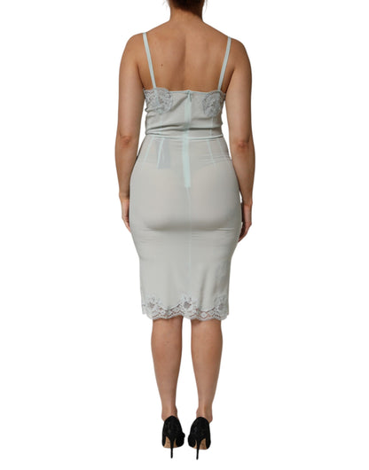 Light Blue Silk Lace Midi Bodycon Slip Dress