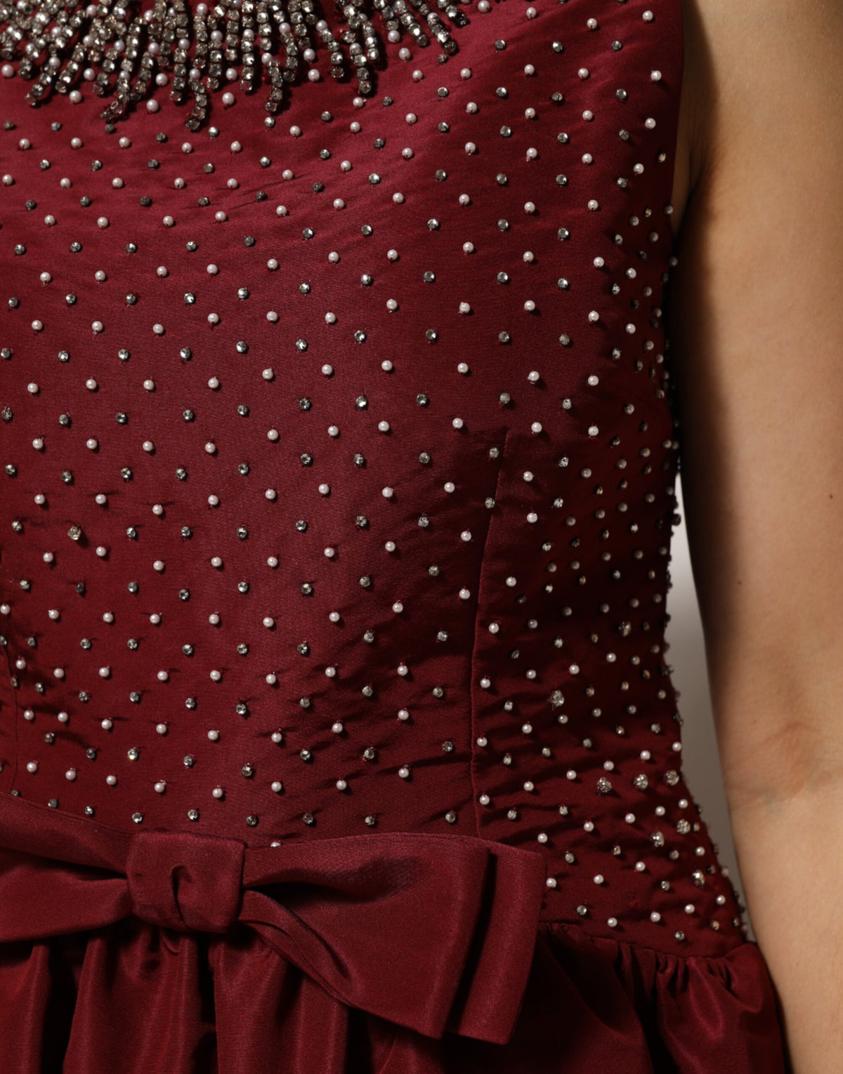 Burgundy Silk Beaded Evening Gown Dress