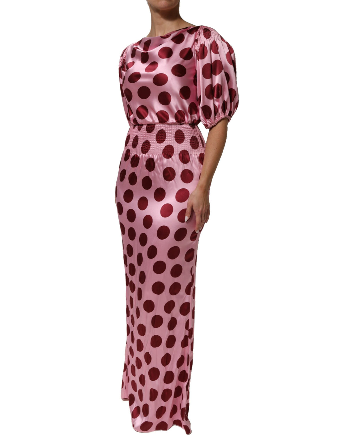 Pink Red Polka Dot Silk Satin Maxi Gown Dress
