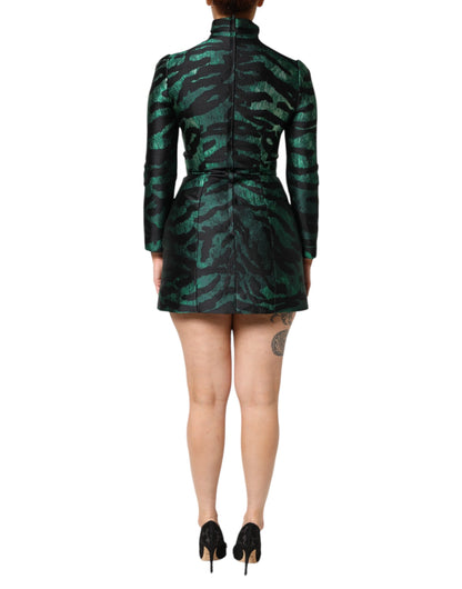 Black Green Metallic Jacquard Mini Long Dress