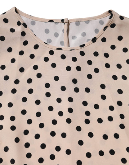 Beige Black Polka Dot Silk Short Sleeve Blouse Top