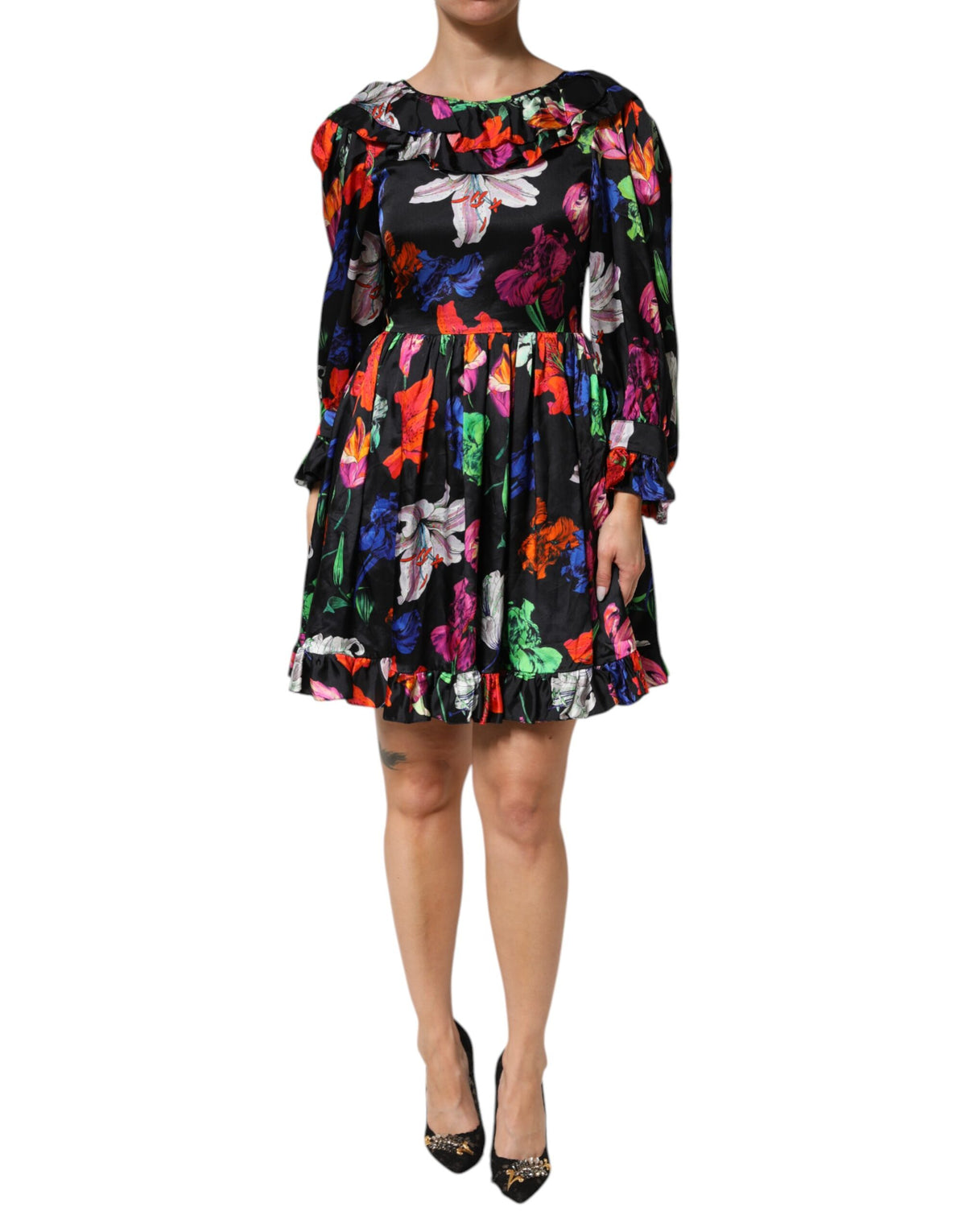Dress Black Multicolor Floral Ruffle Long Sleeve Mini Dress