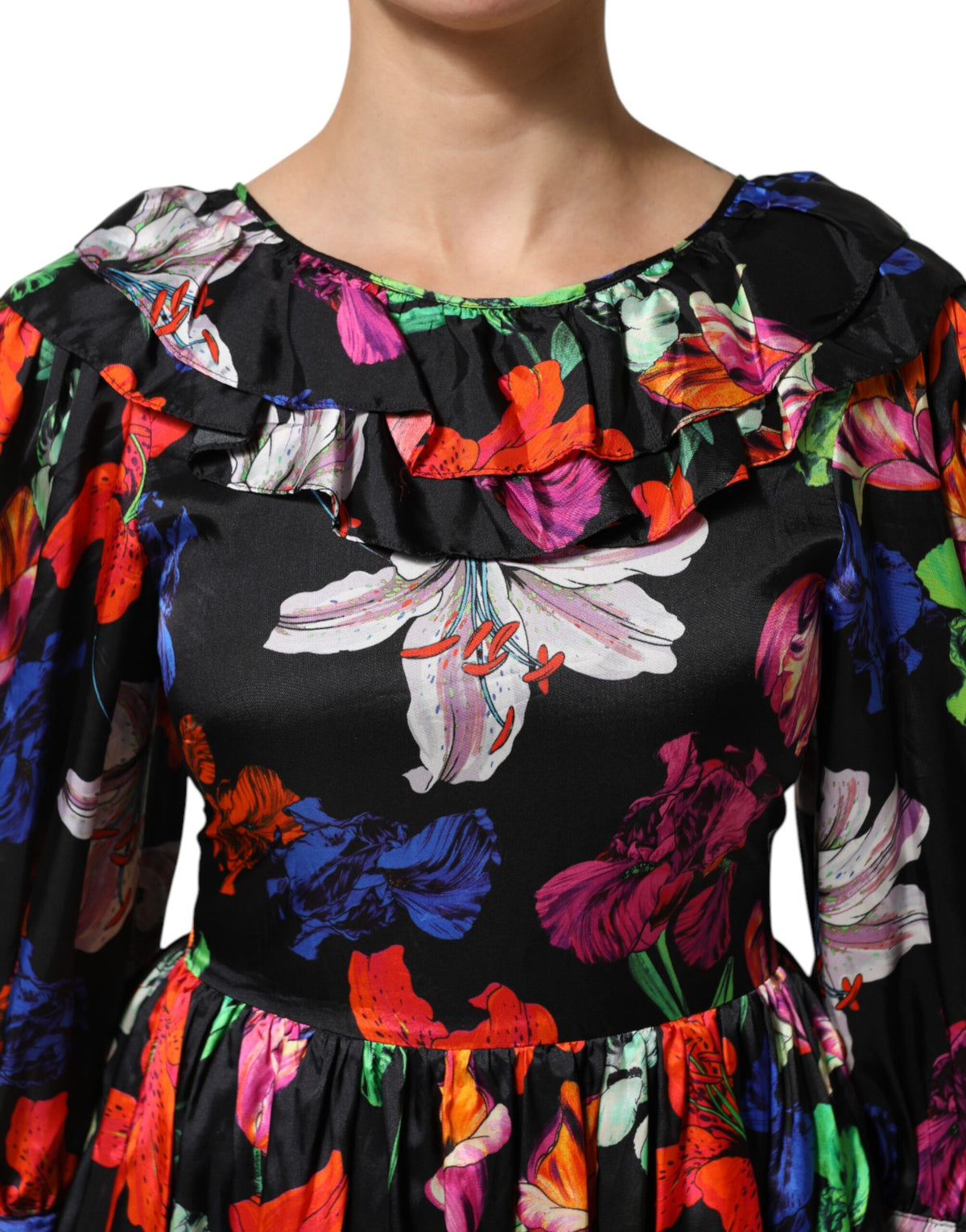 Dress Black Multicolor Floral Ruffle Long Sleeve Mini Dress