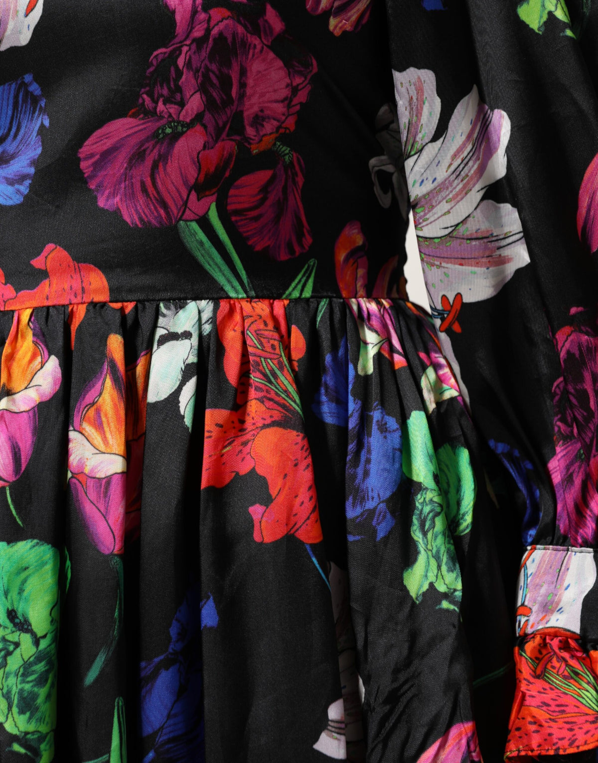 Dress Black Multicolor Floral Ruffle Long Sleeve Mini Dress