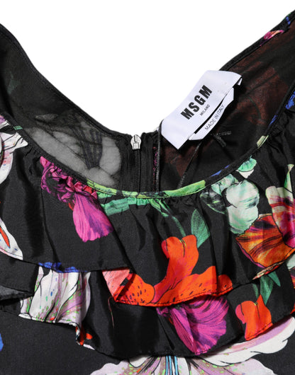 Dress Black Multicolor Floral Ruffle Long Sleeve Mini Dress