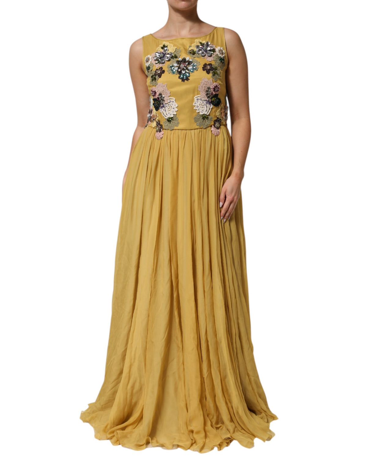 Yellow Silk Floral Embroidered Maxi Dress