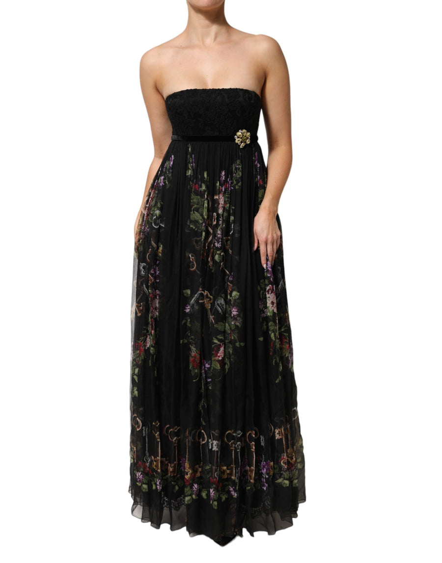Black Floral Key Print Crystal Strapless Dress