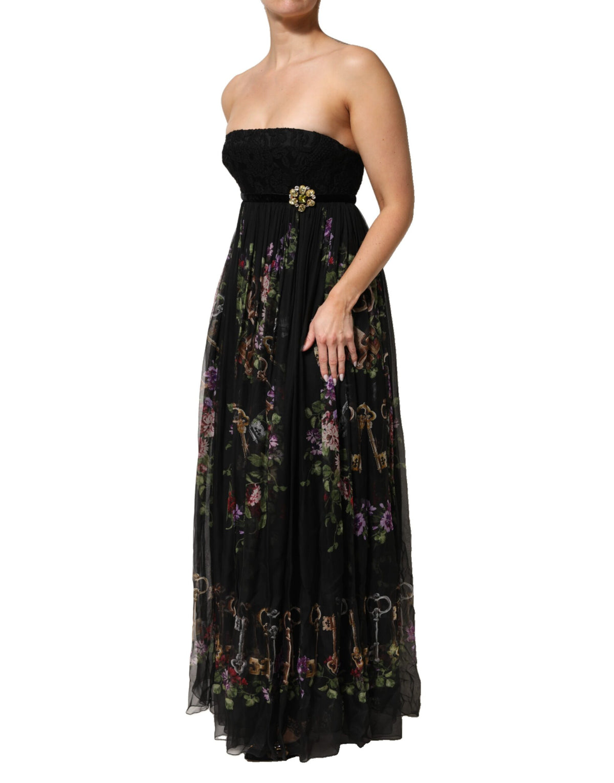 Black Floral Key Print Crystal Strapless Dress