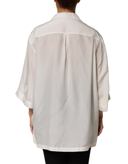 White Silk Collared 3/4 Sleeves Blouse Top