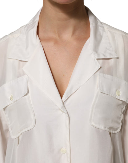 White Silk Collared 3/4 Sleeves Blouse Top