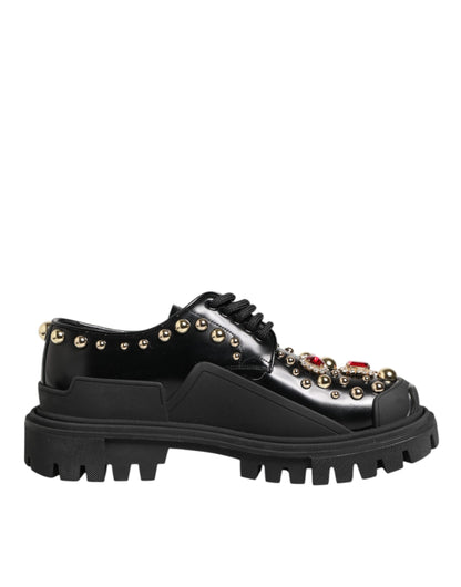 Black Leather Jeweled Crystals Derby Shoes