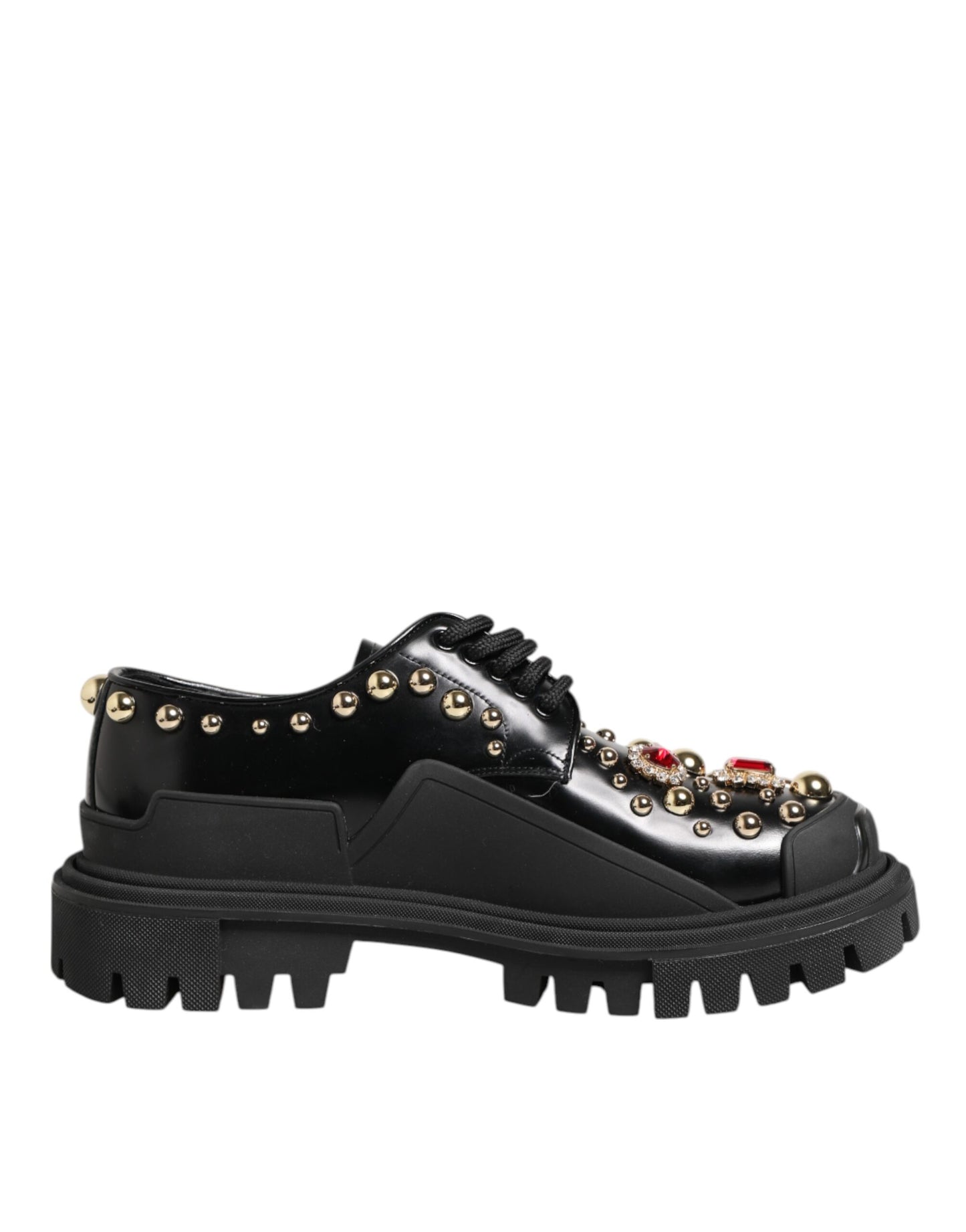 Black Leather Jeweled Crystals Derby Shoes