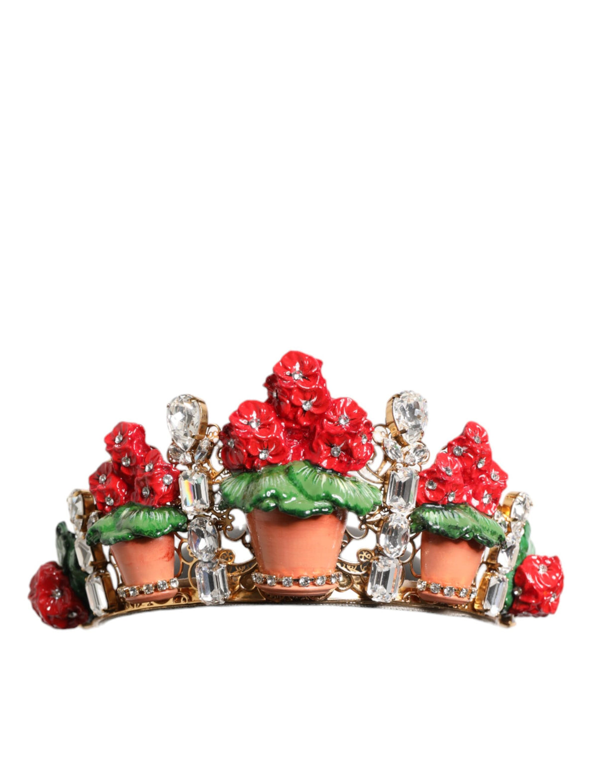 Red Floral Flowerpot Crystal Gold Crown Tiara Headband