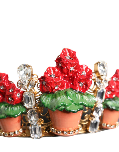 Red Floral Flowerpot Crystal Gold Crown Tiara Headband