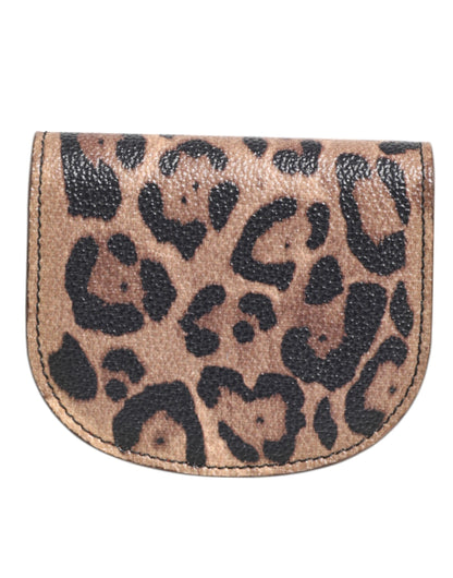 Brown Black Calf Leather Leopard Print Logo Plaque Wallet