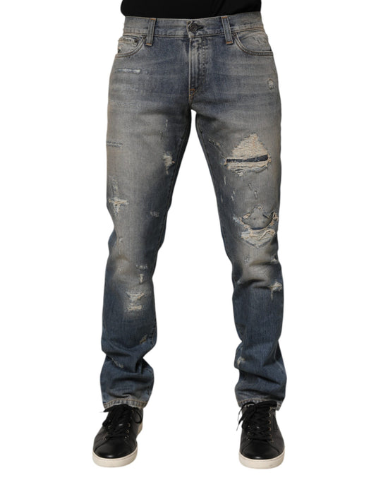 Blue Distressed Denim Slim Fit Pants Jeans