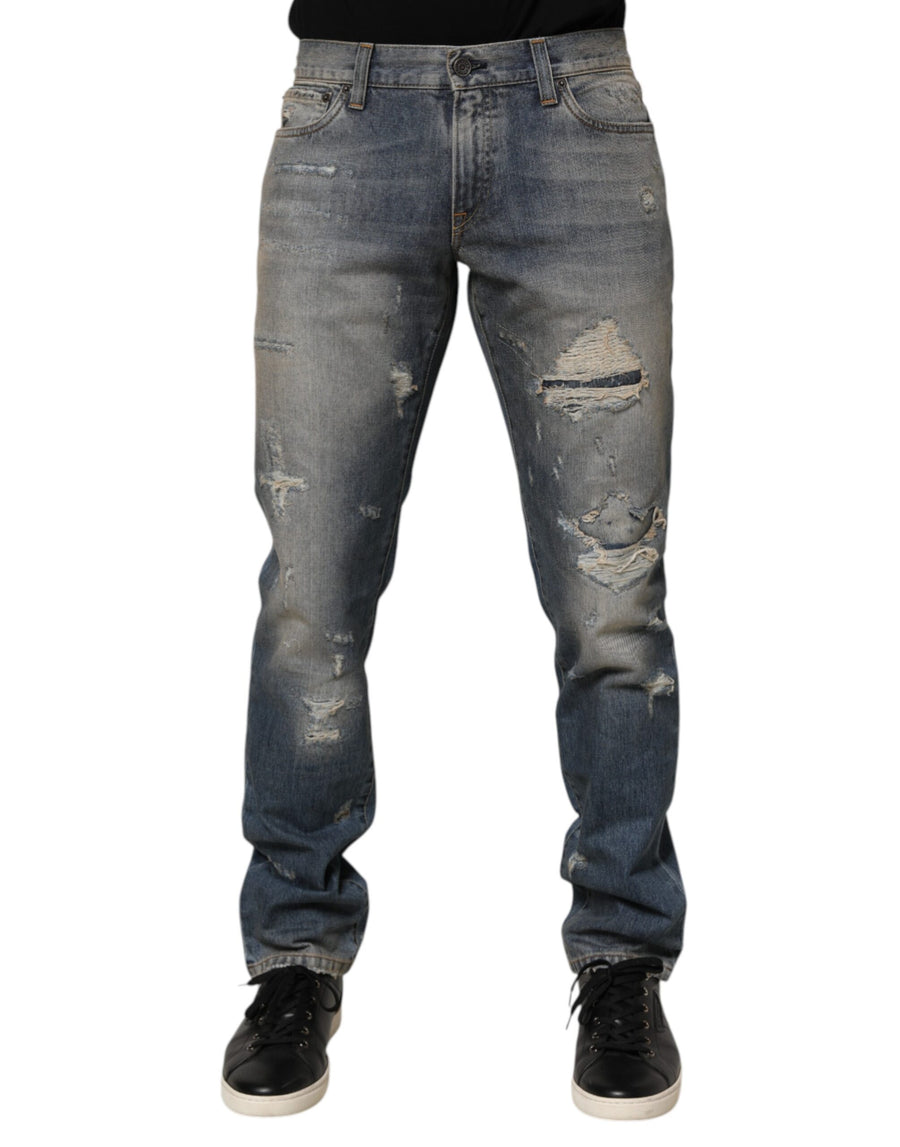 Blue Distressed Denim Slim Fit Pants Jeans