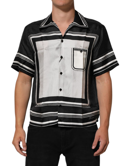 Black White StripeDot Print Casual Polo Shirt