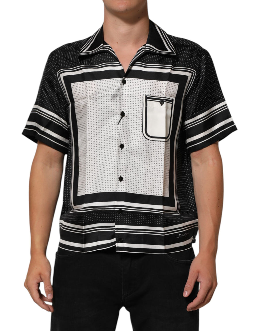 Black White StripeDot Print Casual Polo Shirt