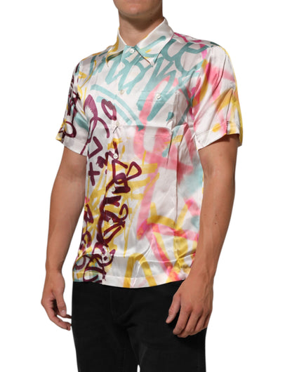 White Silk Hawaiian Graffiti Print Men Casual Shirt