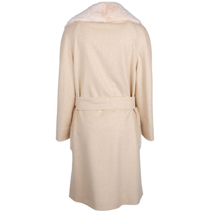 Beige Wool Women Coat with Rabbit Fur Collar