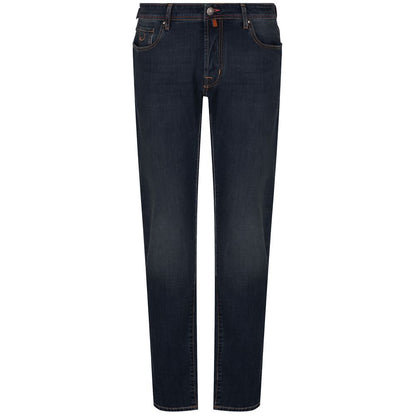Blue Cotton Men Jeans with Orange Stitching