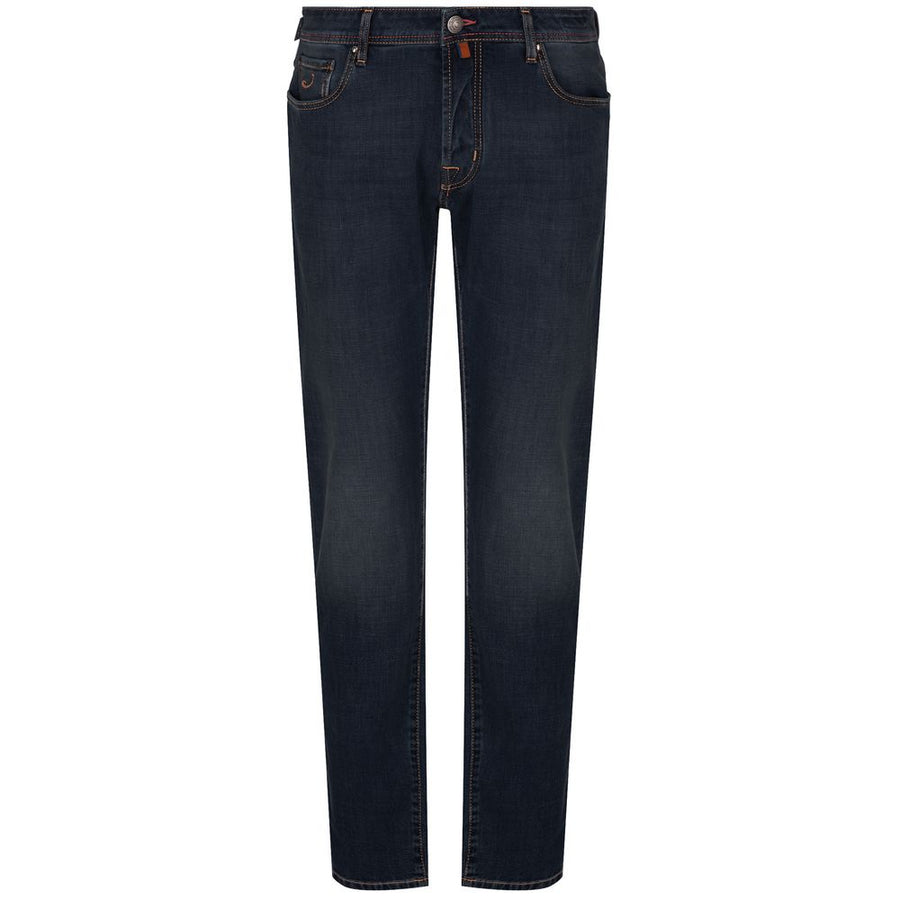 Blue Cotton Men Jeans with Orange Stitching