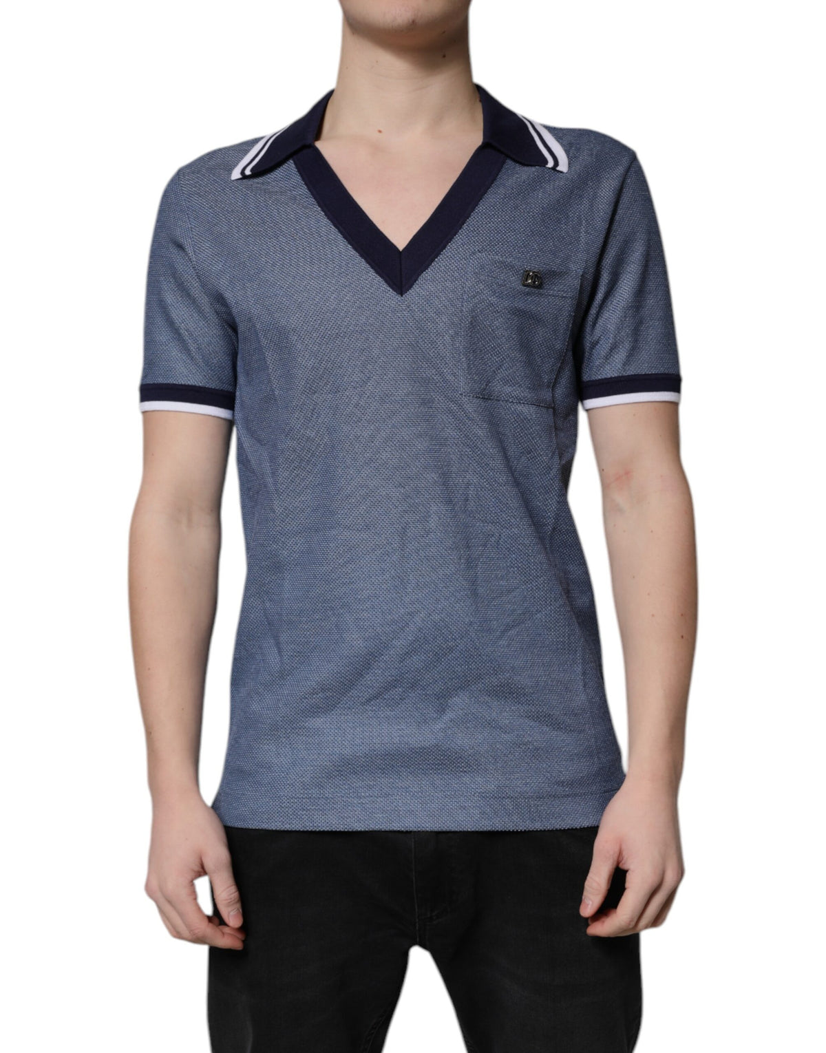 Blue Collared V-neck Silk Blend Polo T-shirt