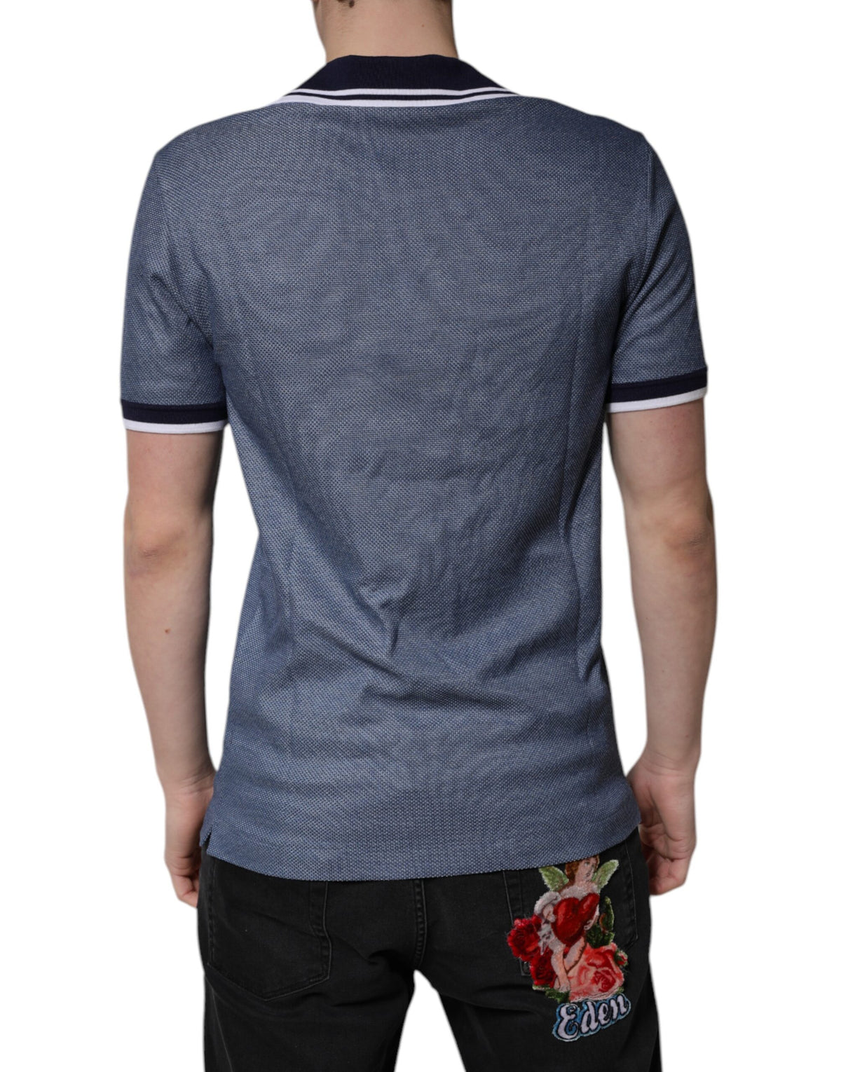 Blue Collared V-neck Silk Blend Polo T-shirt