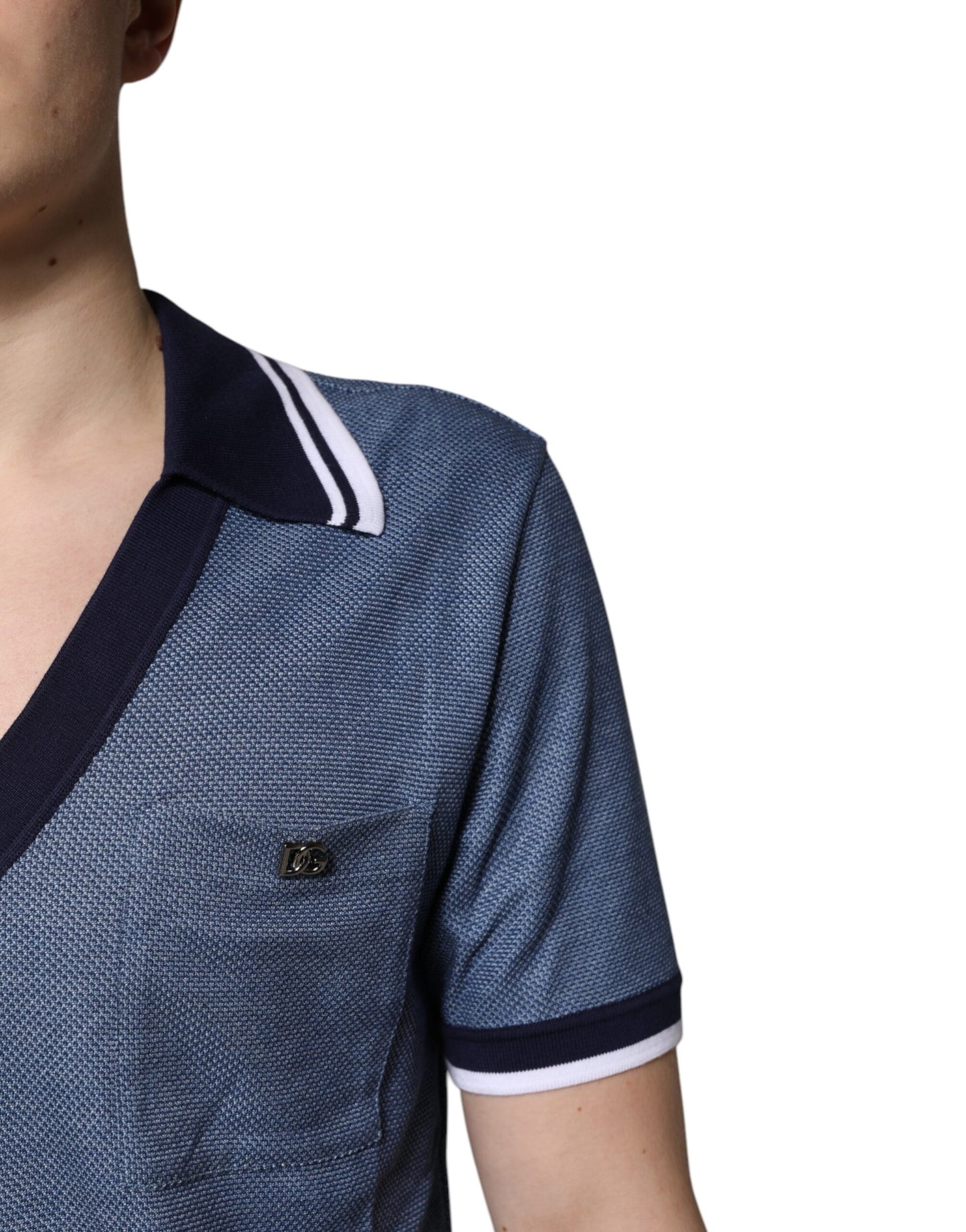 Blue Collared V-neck Silk Blend Polo T-shirt