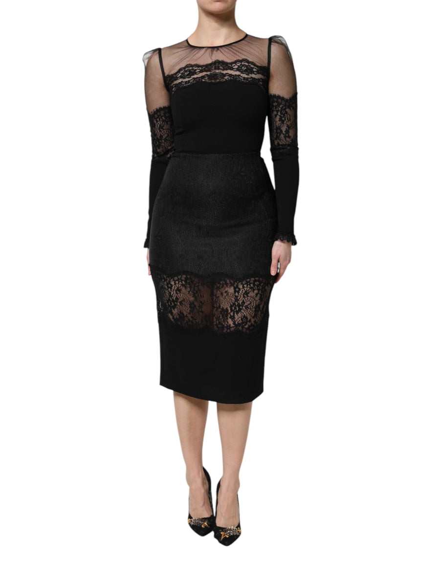 Black Lace Trim Nylon Tulle SheathMidi Dress