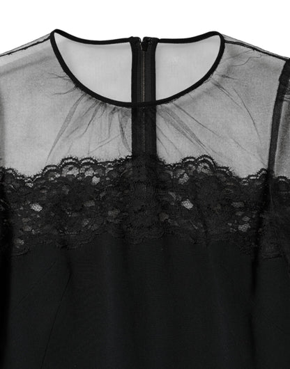 Black Lace Trim Nylon Tulle SheathMidi Dress