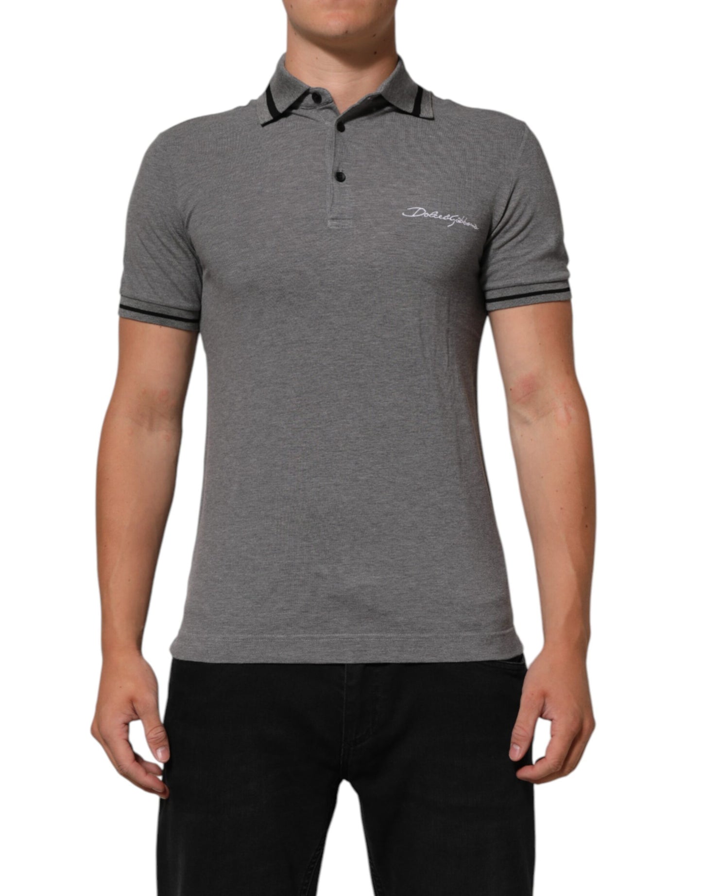 Gray Logo Embroidery Collared Polo T-shirt