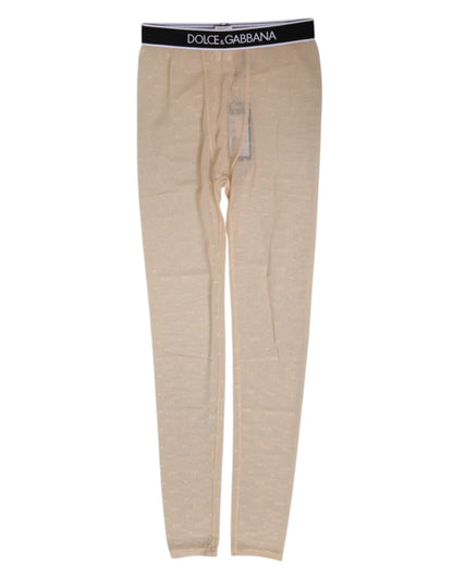 Beige Nylon Logo Lace Leggings Pants Underwear